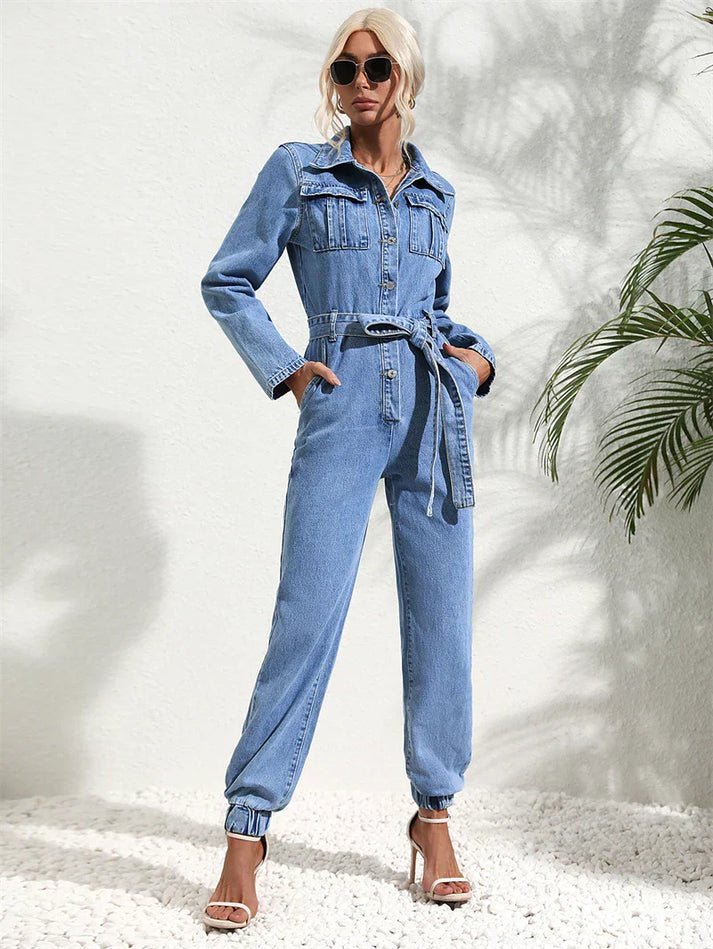 Jumpsuit Denim Élégant avec Ceinture et Manches Longues pour Femmes - Marie Montel
