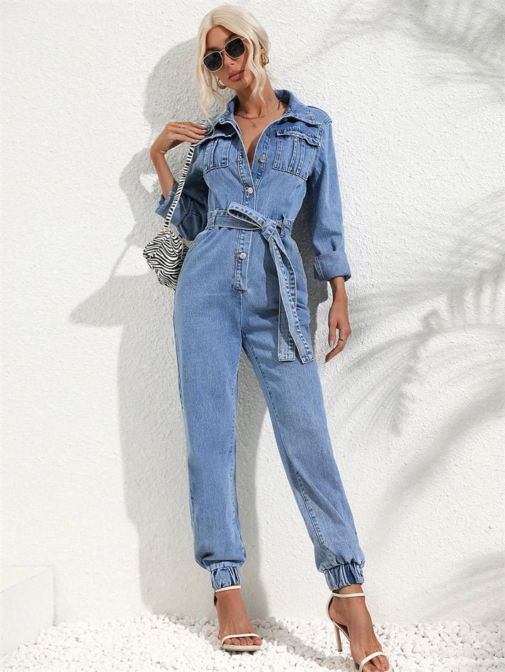 Jumpsuit Denim Élégant avec Ceinture et Manches Longues pour Femmes - Marie Montel