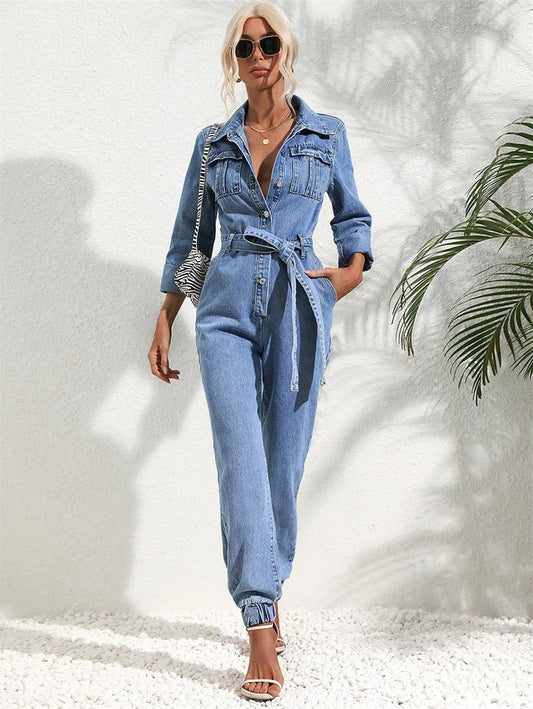 Jumpsuit Denim Élégant avec Ceinture et Manches Longues pour Femmes - Marie Montel