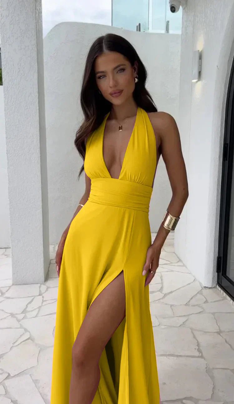 Madison | Robe sexy à décolleté en V profond avec fente en couleur unie - Marie Montel