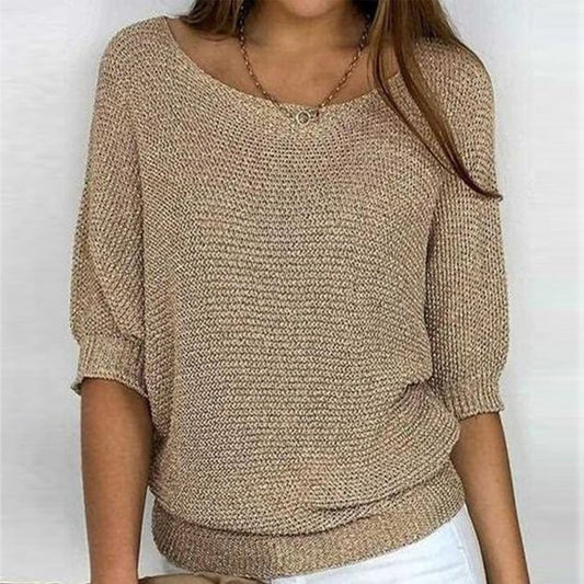 Pull Uni Doré à Col Rond pour Femmes - Marie Montel