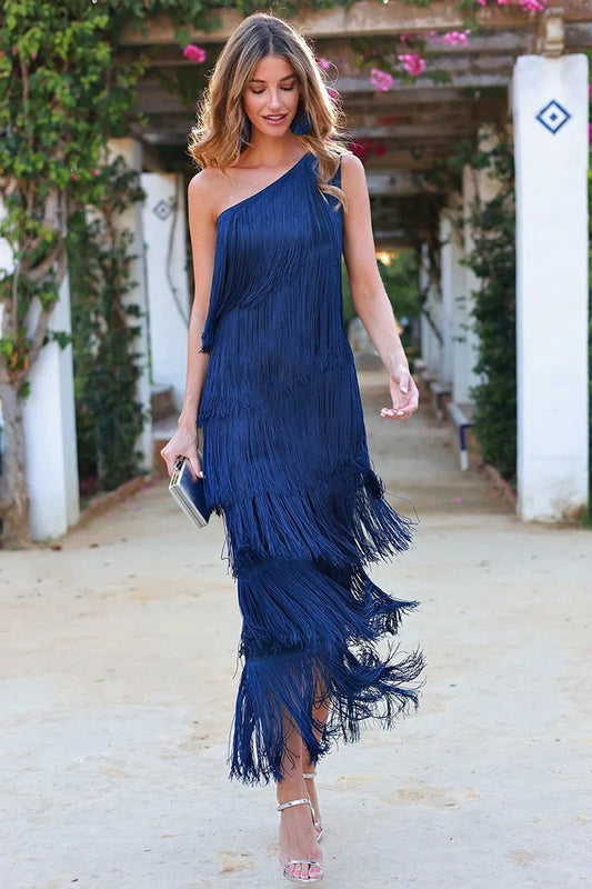 Robe Asymétrique à Franges avec Épaule Dénudée pour Femmes - Marie Montel