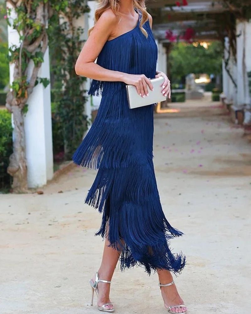 Robe Asymétrique à Franges avec Épaule Dénudée pour Femmes - Marie Montel
