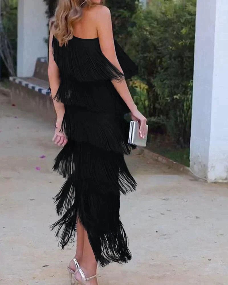 Robe Asymétrique à Franges avec Épaule Dénudée pour Femmes - Marie Montel