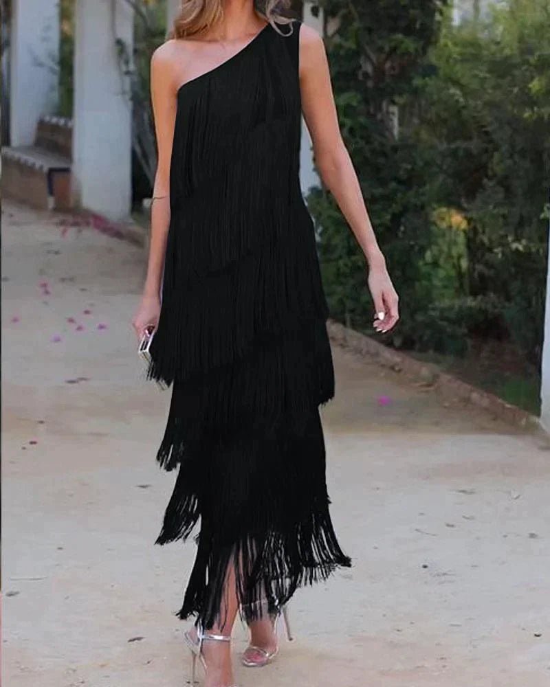 Robe Asymétrique à Franges avec Épaule Dénudée pour Femmes - Marie Montel