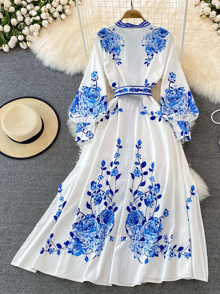 Robe Élégante à Imprimé Floral Longue à Manches Lanternes pour Femmes - Marie Montel