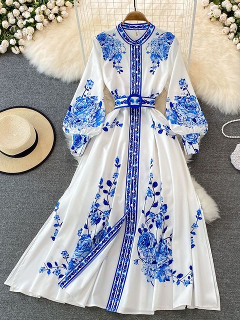 Robe Élégante à Imprimé Floral Longue à Manches Lanternes pour Femmes - Marie Montel