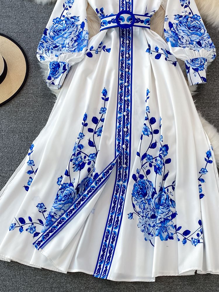 Robe Élégante à Imprimé Floral Longue à Manches Lanternes pour Femmes - Marie Montel