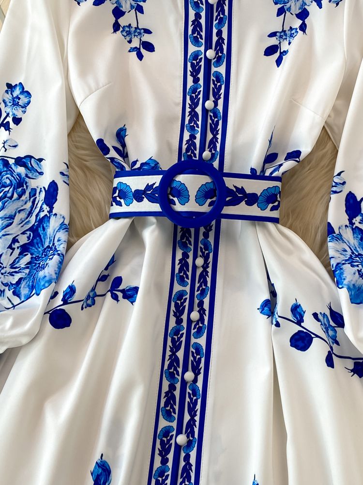 Robe Élégante à Imprimé Floral Longue à Manches Lanternes pour Femmes - Marie Montel