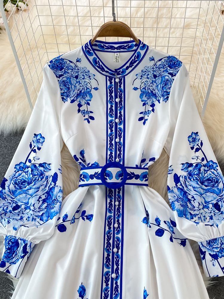 Robe Élégante à Imprimé Floral Longue à Manches Lanternes pour Femmes - Marie Montel