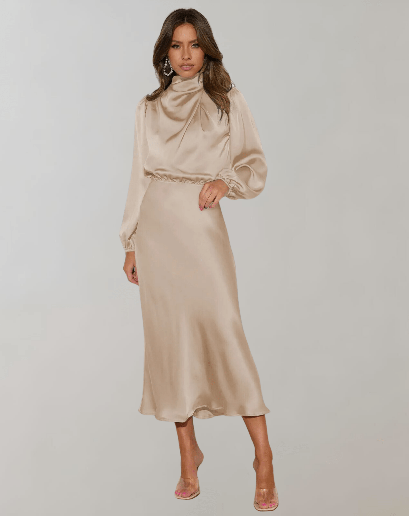 Robe Élégante à Manches Longues en Satin pour Femmes - Marie Montel