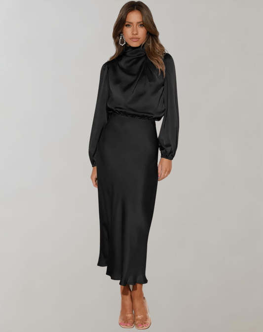 Robe Élégante à Manches Longues en Satin pour Femmes - Marie Montel