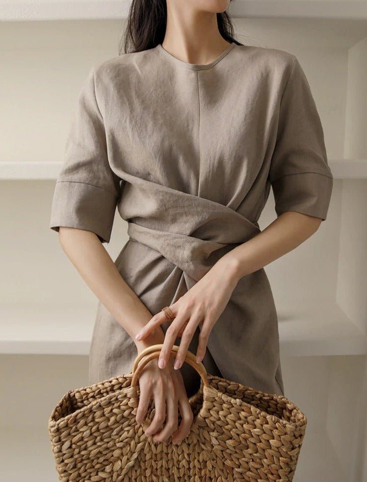 Robe Élégante en Lin Kaki pour Femmes - Marie Montel