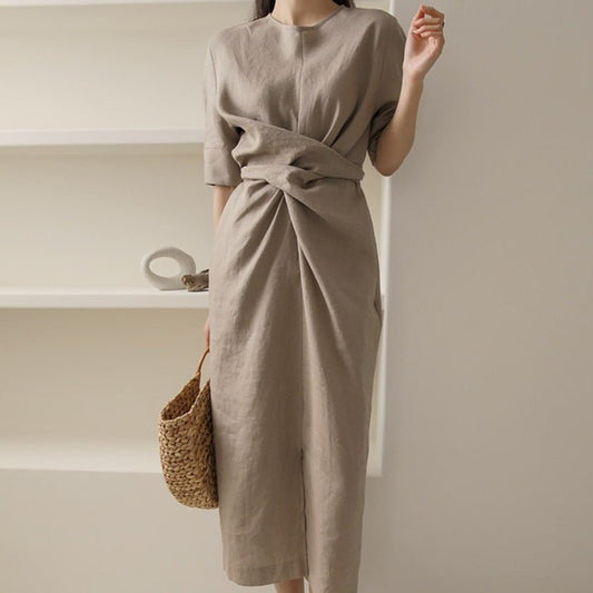 Robe Élégante en Lin Kaki pour Femmes - Marie Montel
