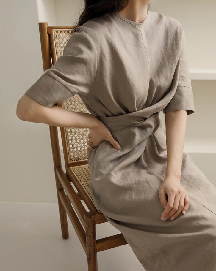 Robe Élégante en Lin Kaki pour Femmes - Marie Montel