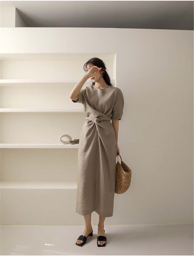 Robe Élégante en Lin Kaki pour Femmes - Marie Montel