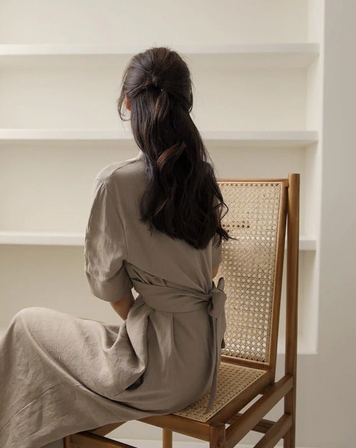 Robe Élégante en Lin Kaki pour Femmes - Marie Montel