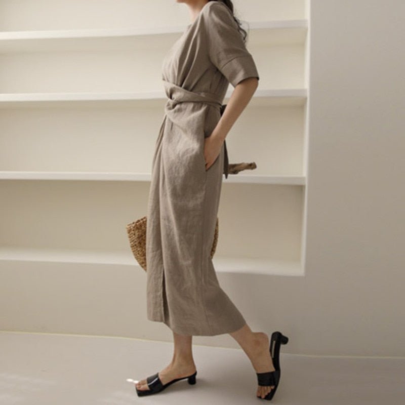 Robe Élégante en Lin Kaki pour Femmes - Marie Montel