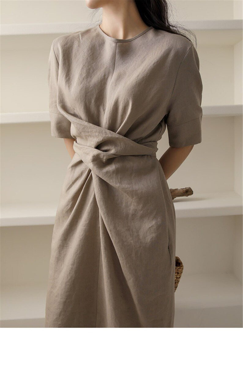 Robe Élégante en Lin Kaki pour Femmes - Marie Montel
