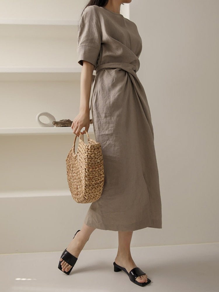 Robe Élégante en Lin Kaki pour Femmes - Marie Montel