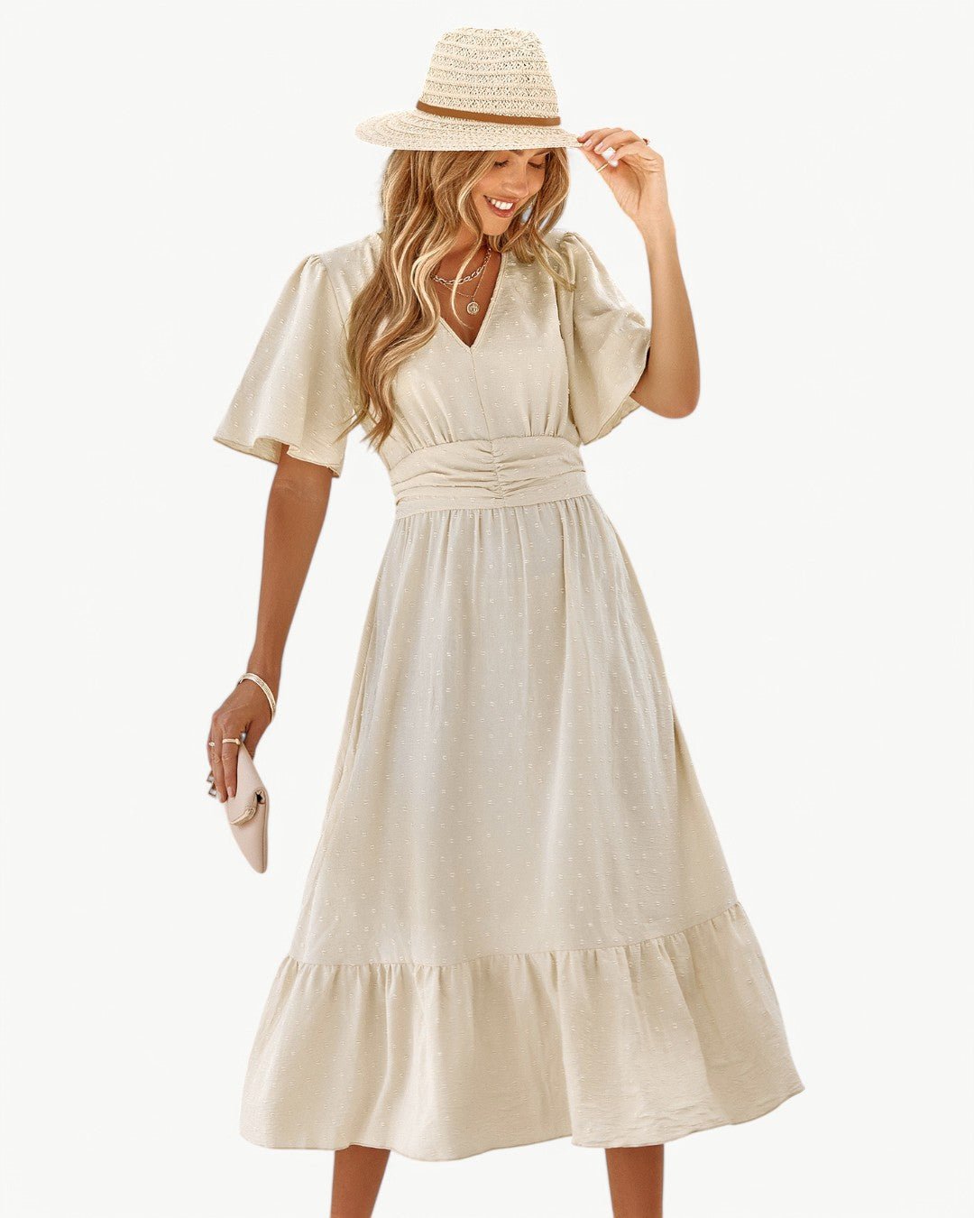 Robe Longue à V Col et Manches Courtes pour Femmes - Marie Montel