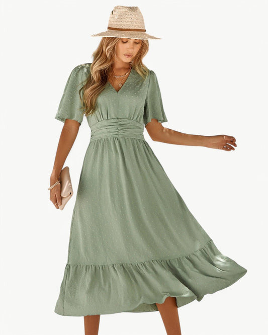 Robe Longue à V Col et Manches Courtes pour Femmes - Marie Montel