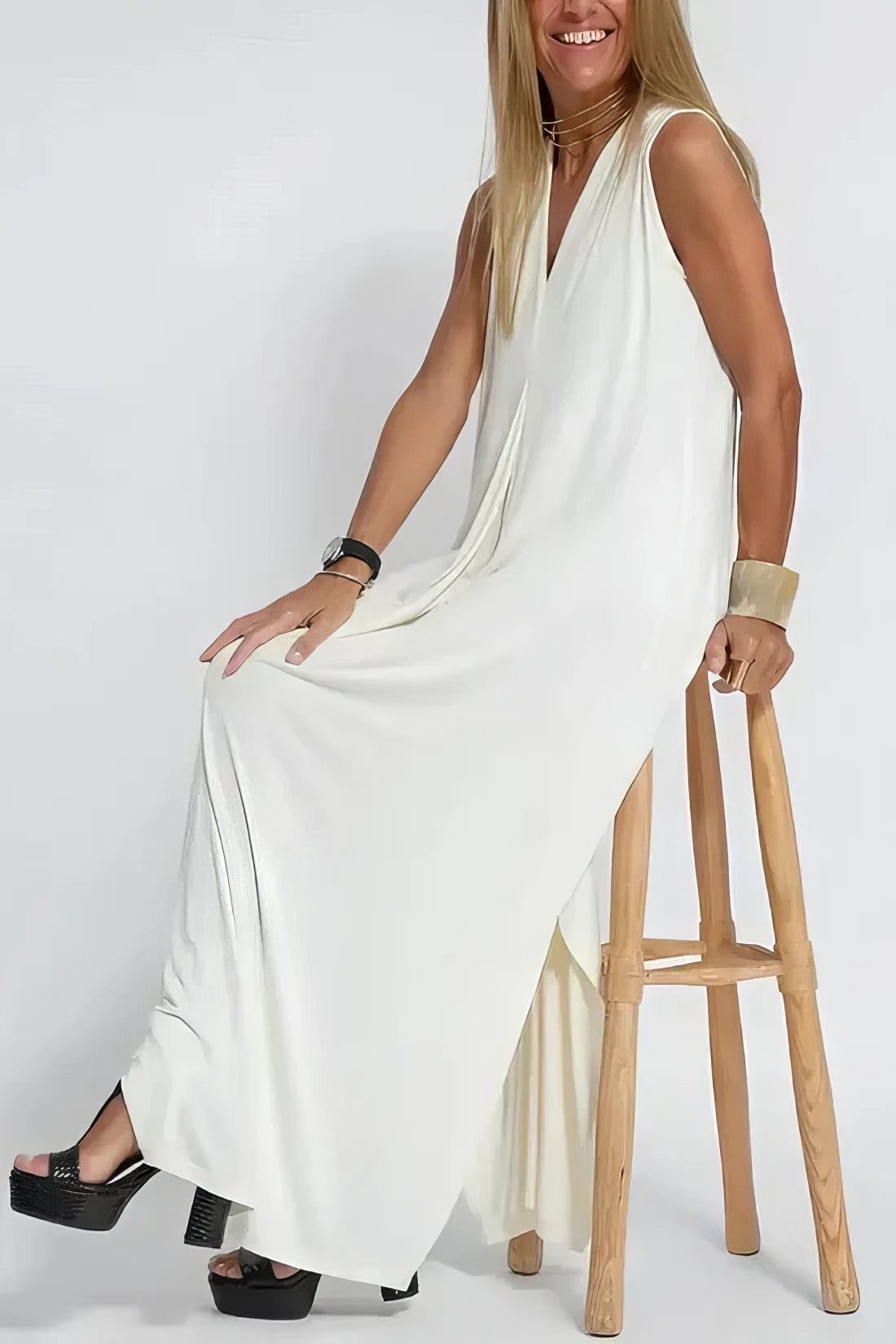 Robe Longue Col V Sans Manches avec Cardigan Assorti – Style Décontracté Élégant - Marie Montel