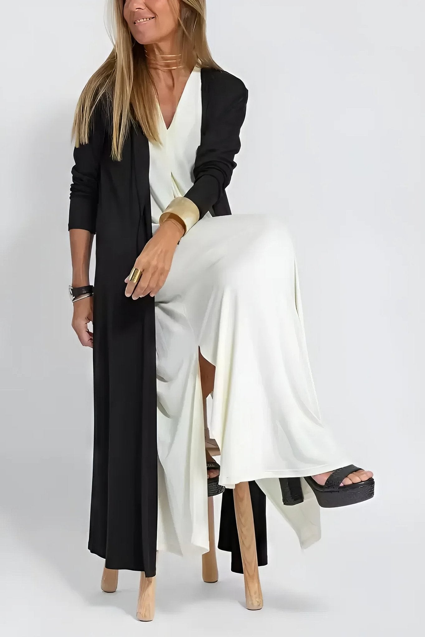 Robe Longue Col V Sans Manches avec Cardigan Assorti – Style Décontracté Élégant - Marie Montel