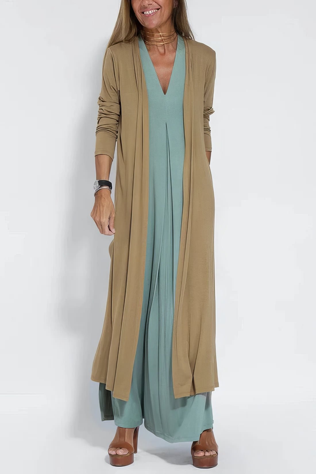 Robe Longue Col V Sans Manches avec Cardigan Assorti – Style Décontracté Élégant - Marie Montel
