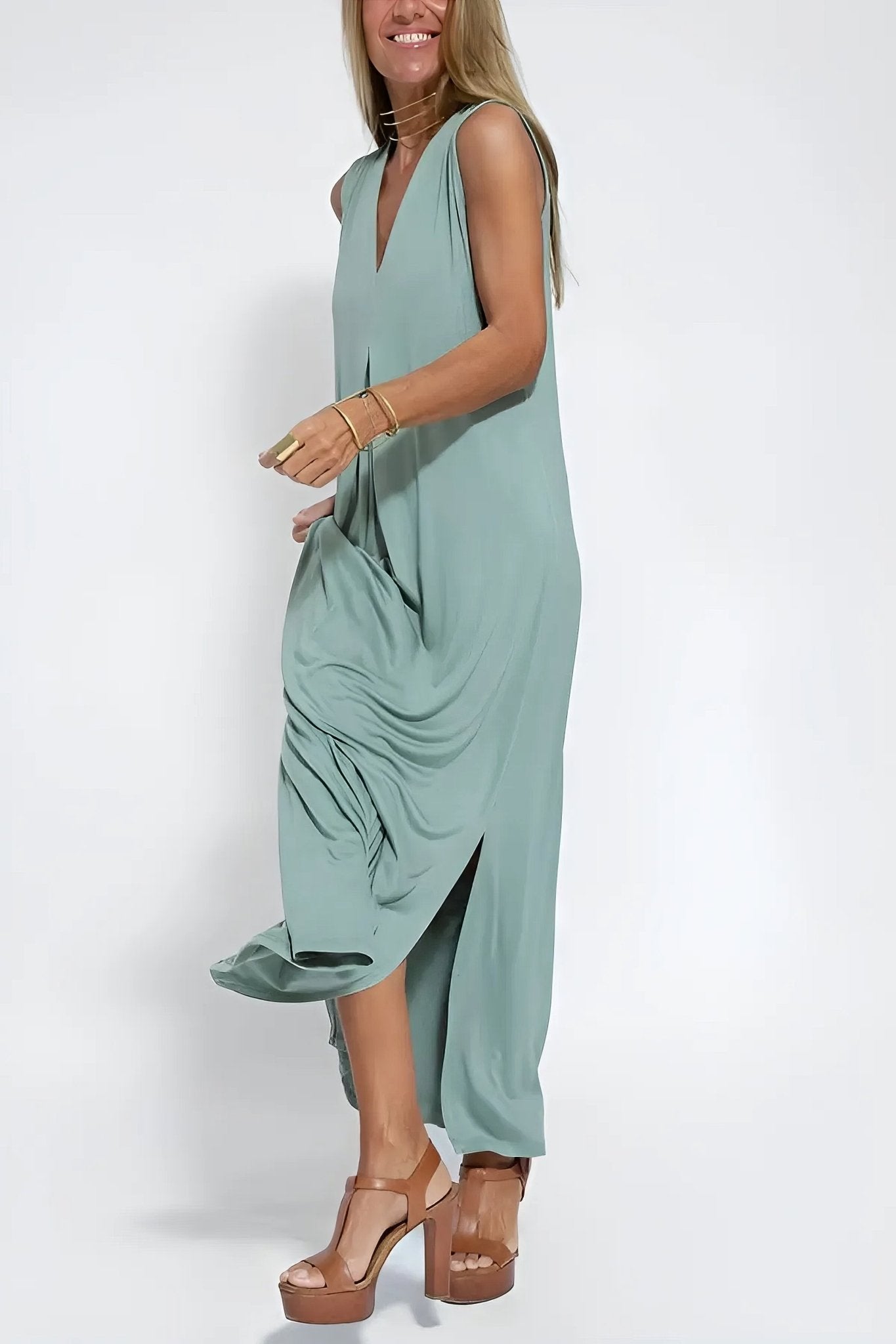 Robe Longue Col V Sans Manches avec Cardigan Assorti – Style Décontracté Élégant - Marie Montel
