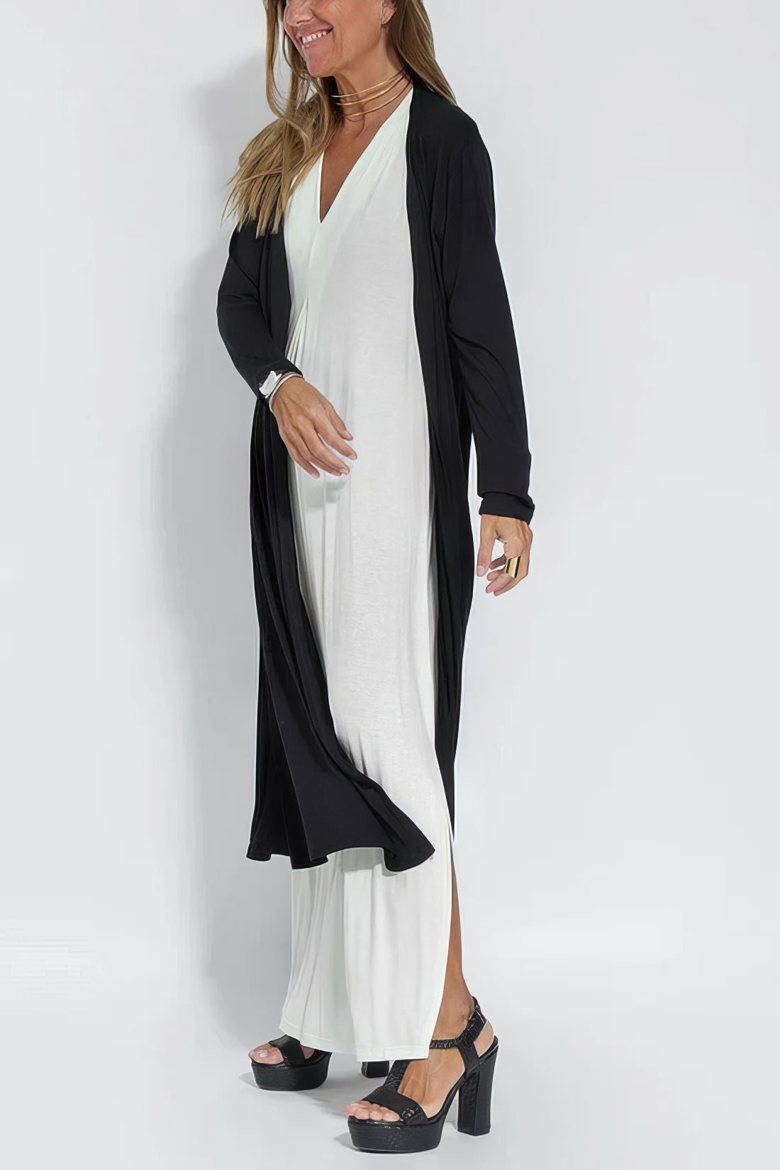 Robe Longue Col V Sans Manches avec Cardigan Assorti – Style Décontracté Élégant - Marie Montel