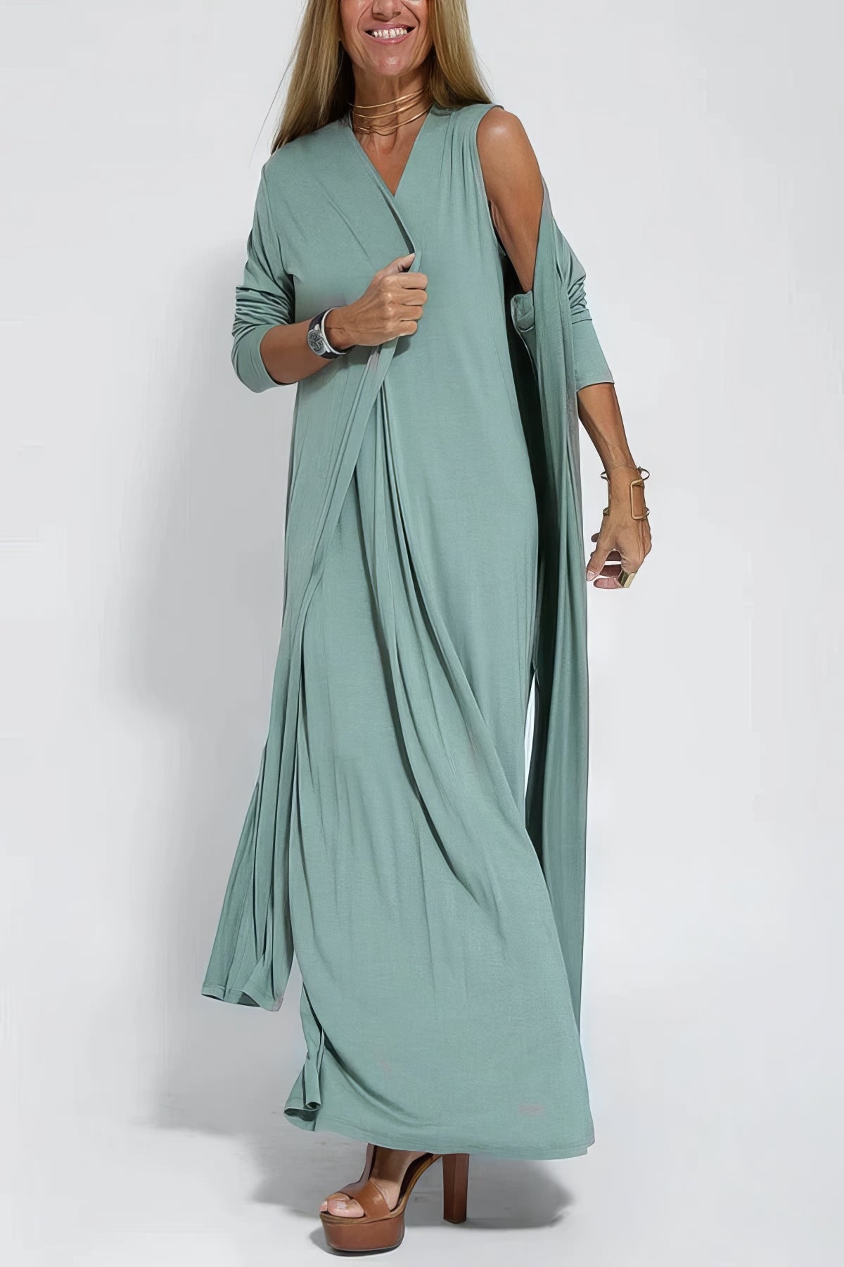 Robe Longue Col V Sans Manches avec Cardigan Assorti – Style Décontracté Élégant - Marie Montel