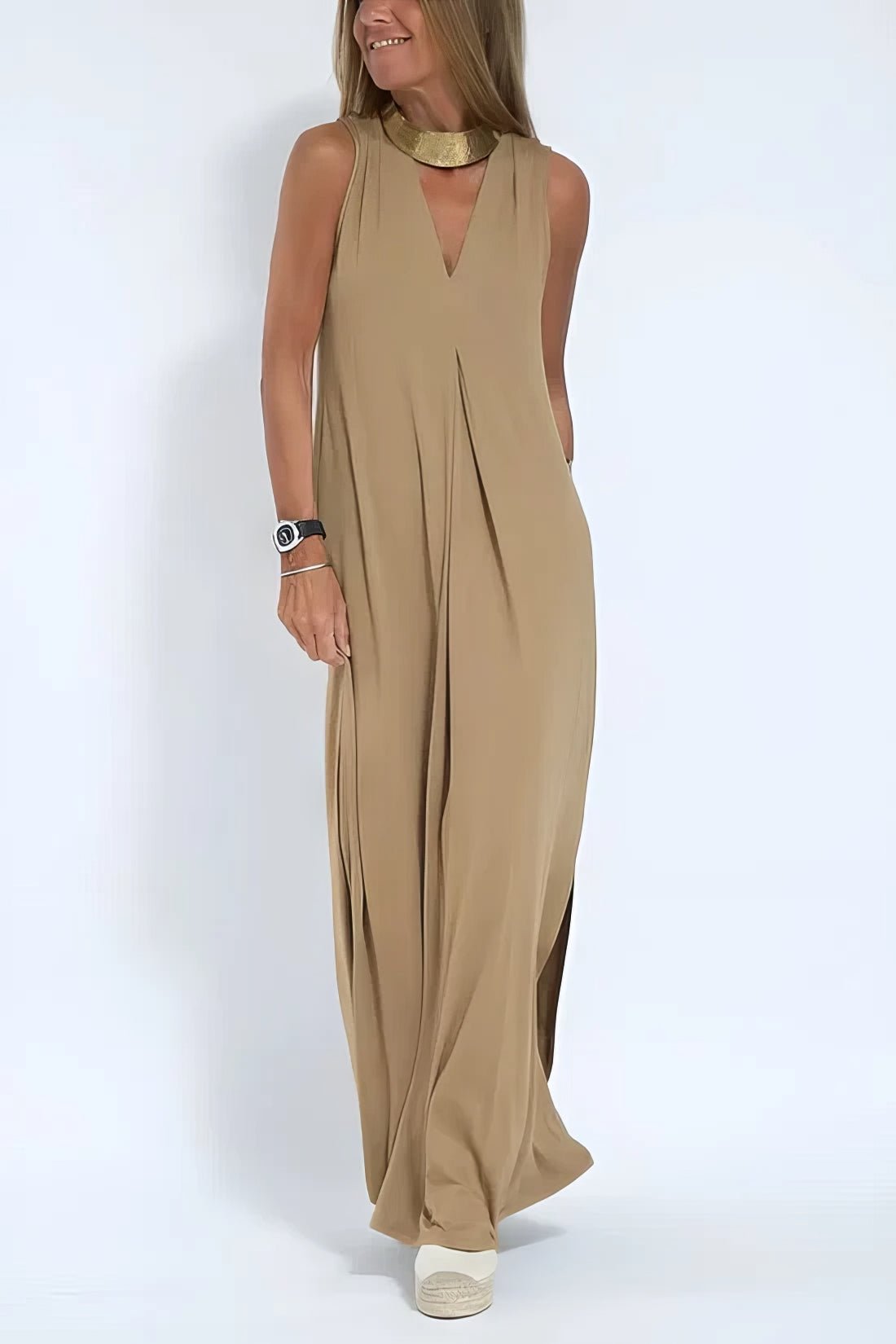 Robe Longue Col V Sans Manches avec Cardigan Assorti – Style Décontracté Élégant - Marie Montel