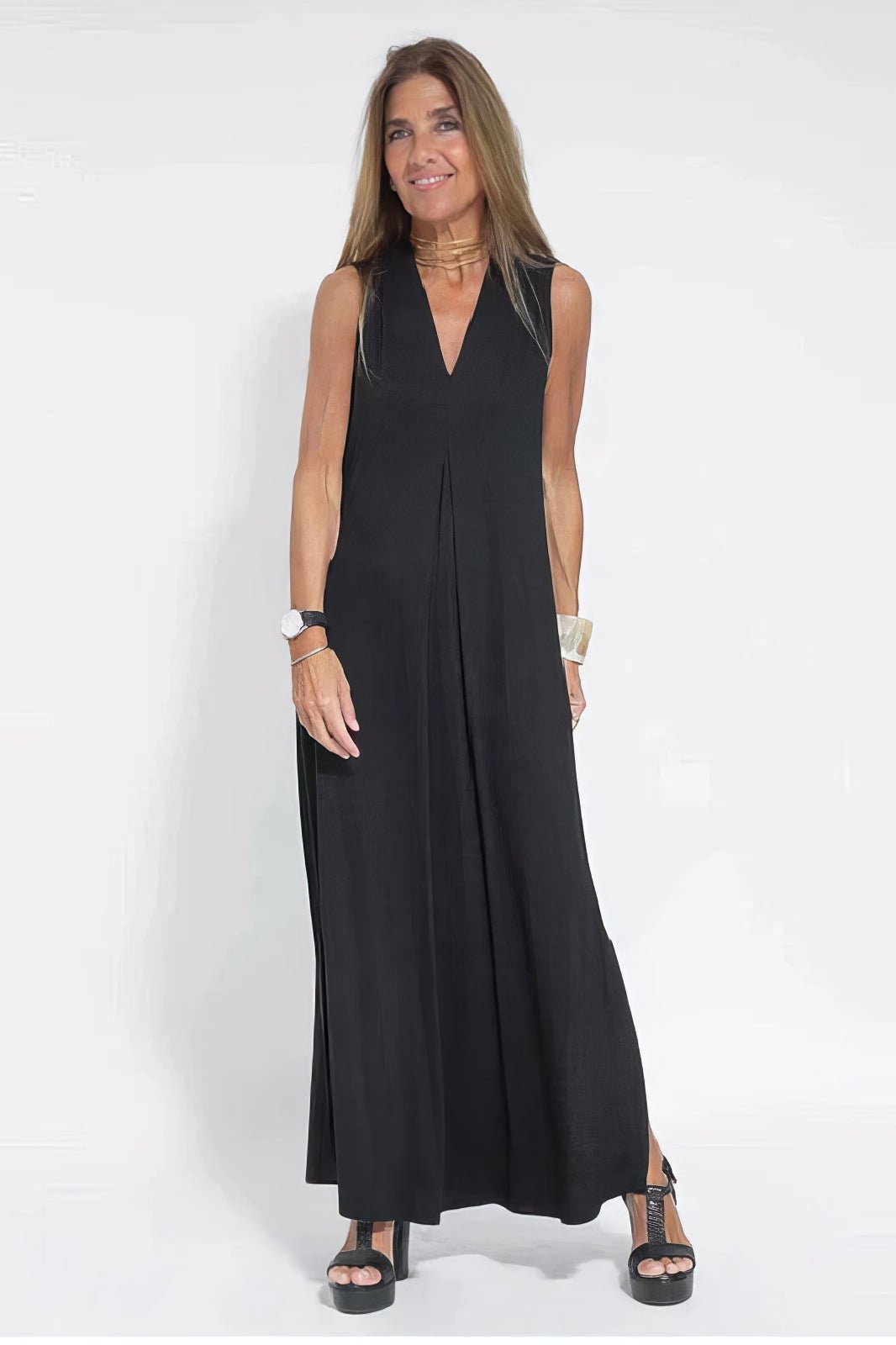 Robe Longue Col V Sans Manches avec Cardigan Assorti – Style Décontracté Élégant - Marie Montel