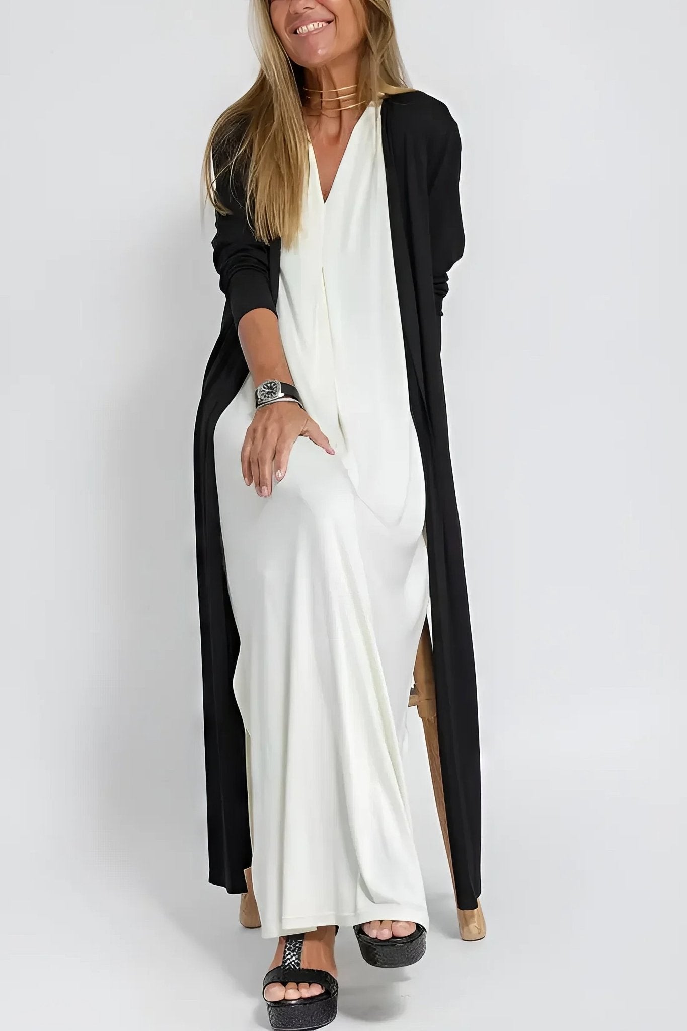 Robe Longue Col V Sans Manches avec Cardigan Assorti – Style Décontracté Élégant - Marie Montel
