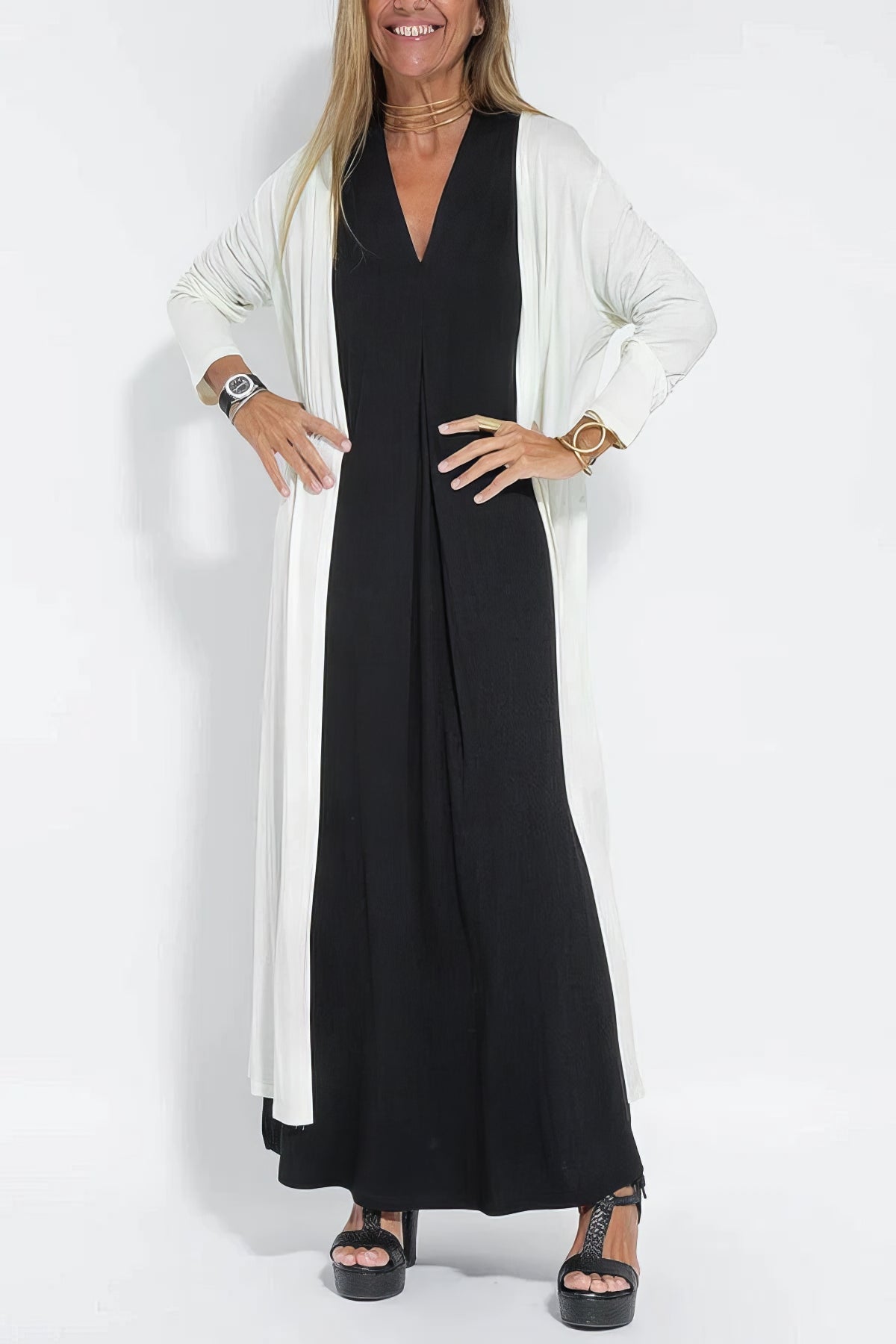 Robe Longue Col V Sans Manches avec Cardigan Assorti – Style Décontracté Élégant - Marie Montel