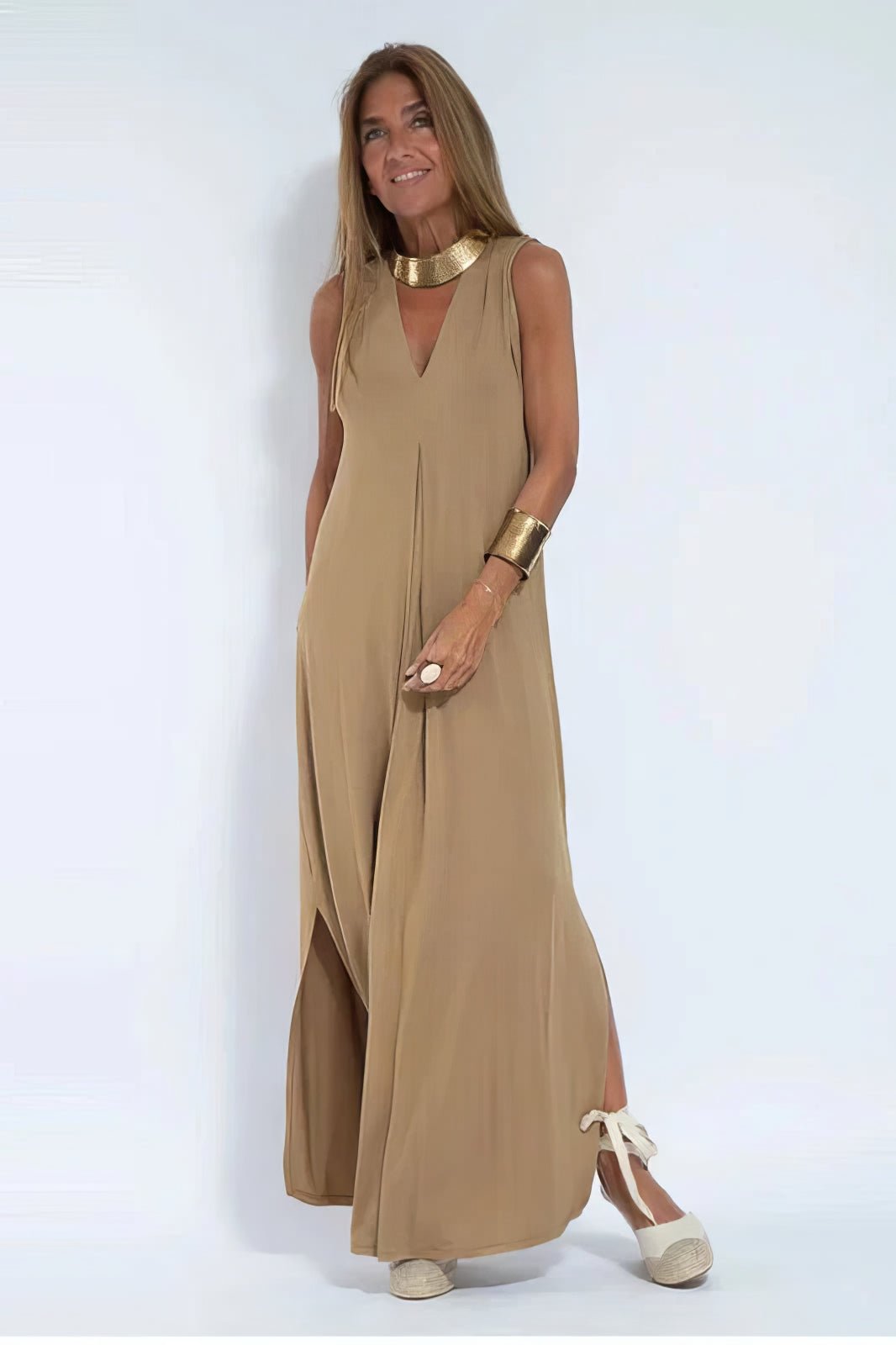 Robe Longue Col V Sans Manches avec Cardigan Assorti – Style Décontracté Élégant - Marie Montel