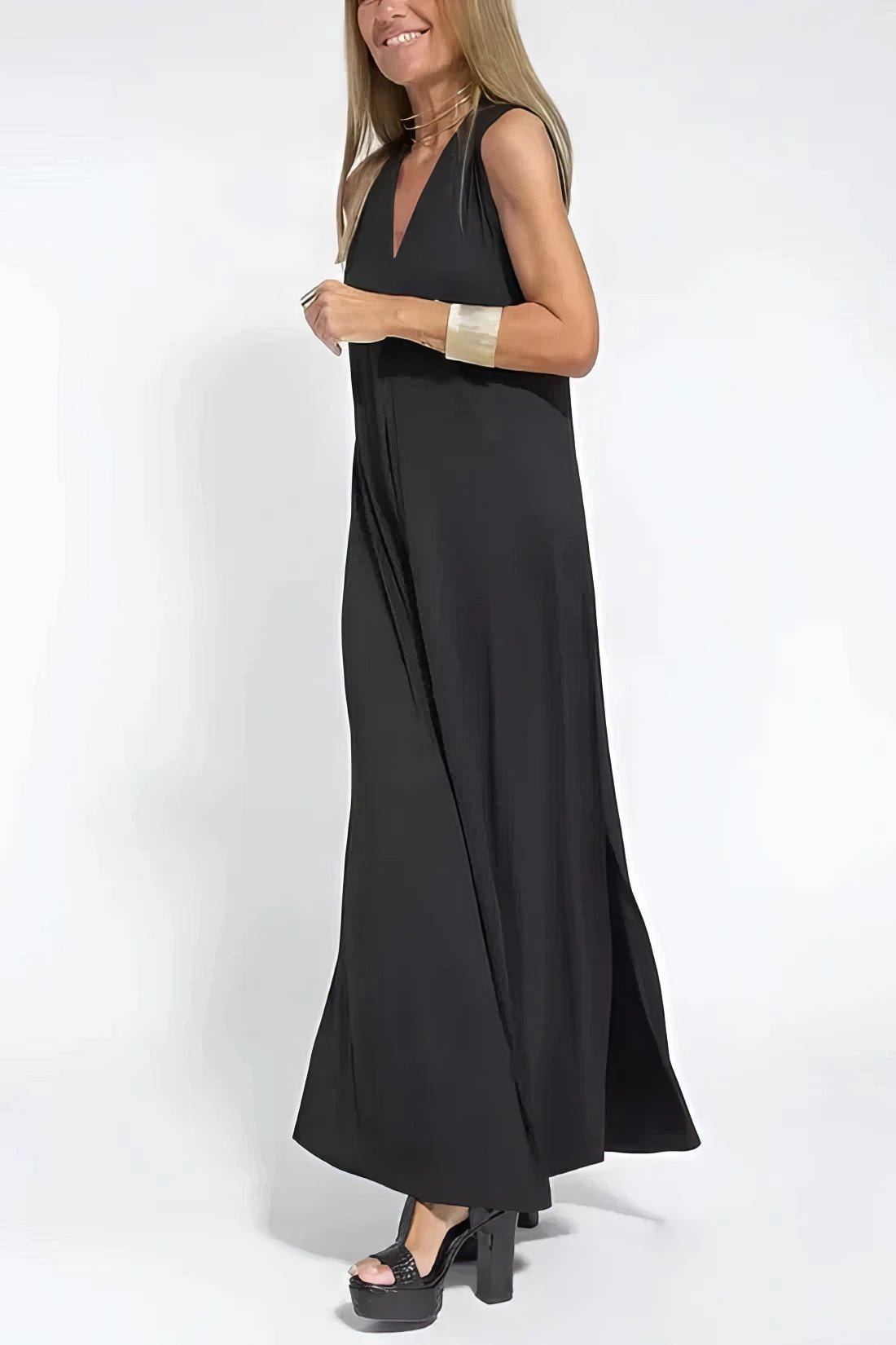 Robe Longue Col V Sans Manches avec Cardigan Assorti – Style Décontracté Élégant - Marie Montel