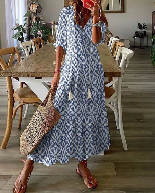 Robe Longue Imprimée à Col V pour Femmes - Marie Montel