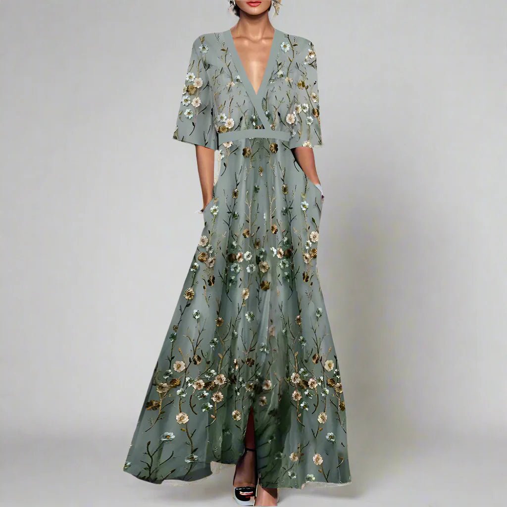 Robe Longue Verte à Fleurs - Mi - Longues - Marie Montel