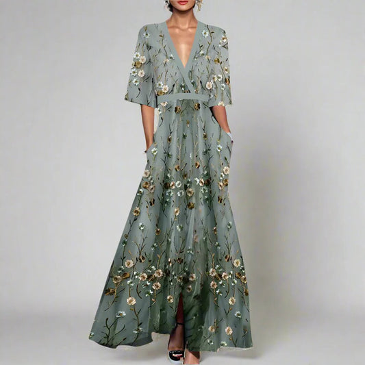 Robe Longue Verte à Fleurs - Mi - Longues - Marie Montel