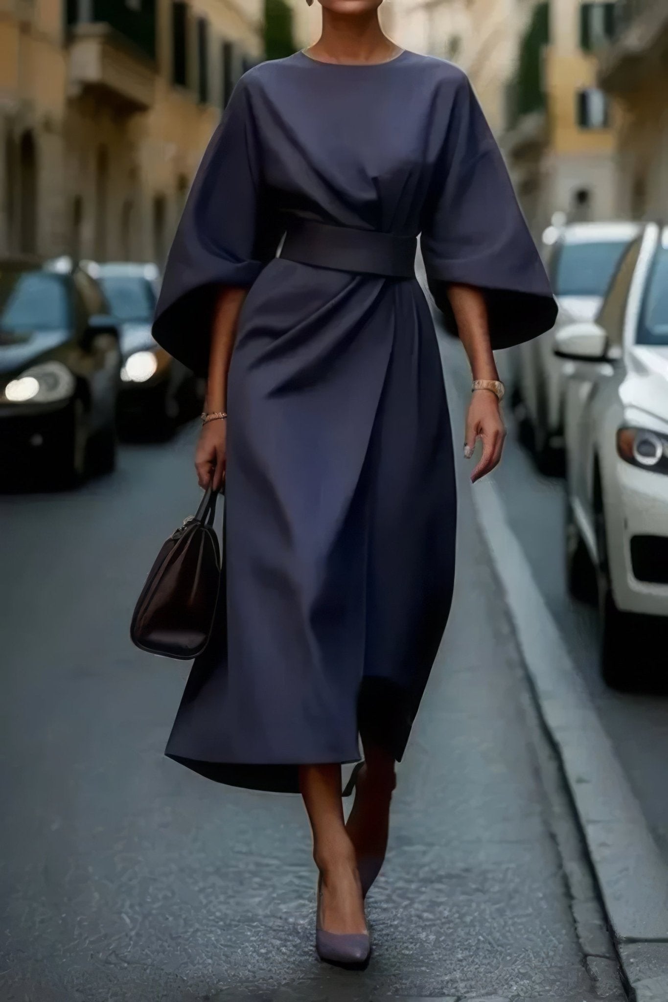 Robe Midi Ceinturée à Manches Bouffantes pour Femmes - Marie Montel