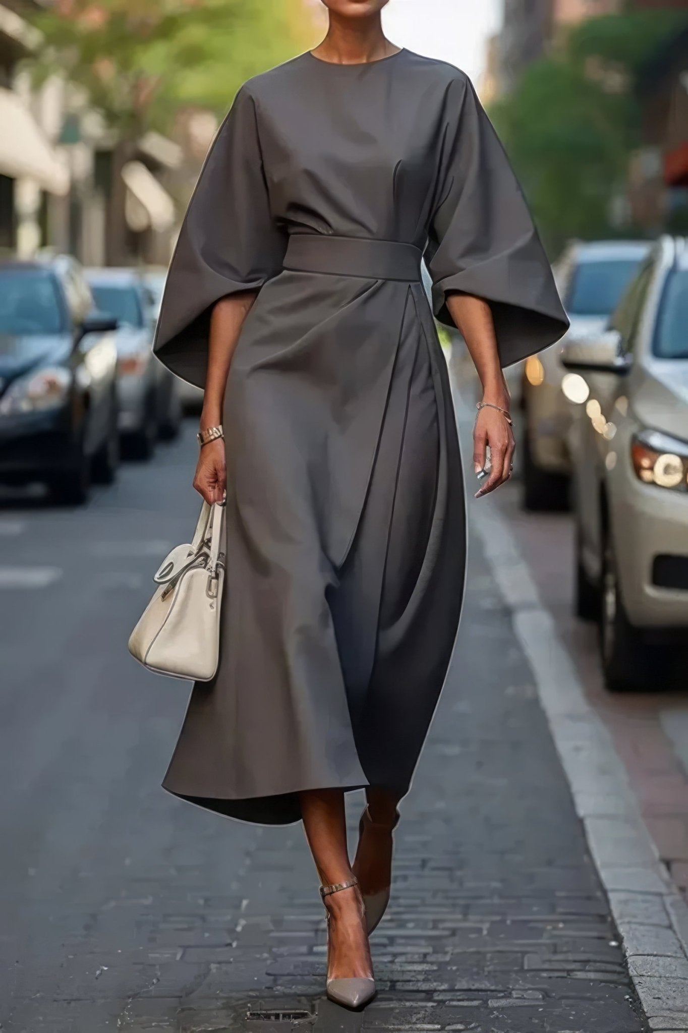 Robe Midi Ceinturée à Manches Bouffantes pour Femmes - Marie Montel