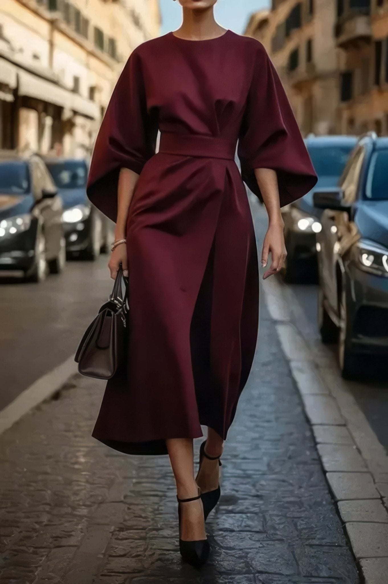 Robe Midi Ceinturée à Manches Bouffantes pour Femmes - Marie Montel