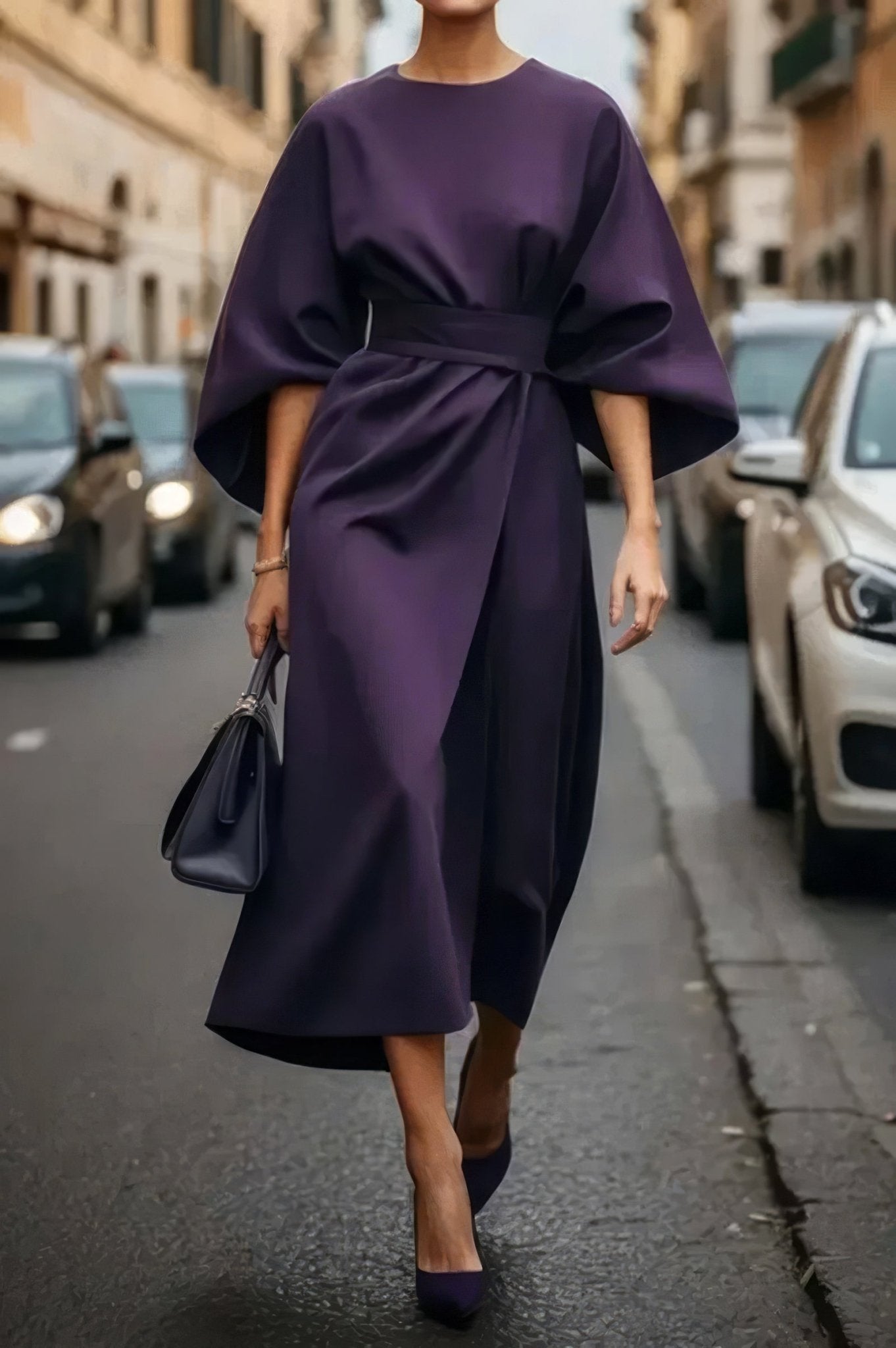 Robe Midi Ceinturée à Manches Bouffantes pour Femmes - Marie Montel