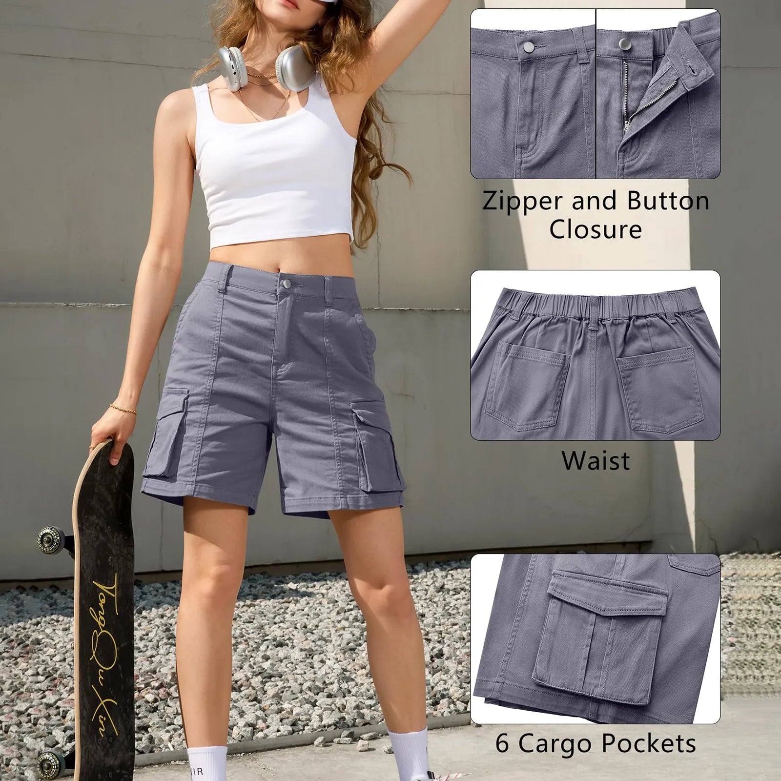 Shorts Cargo Vintage pour Femmes avec Taille Élastique et 6 Poches - Marie Montel