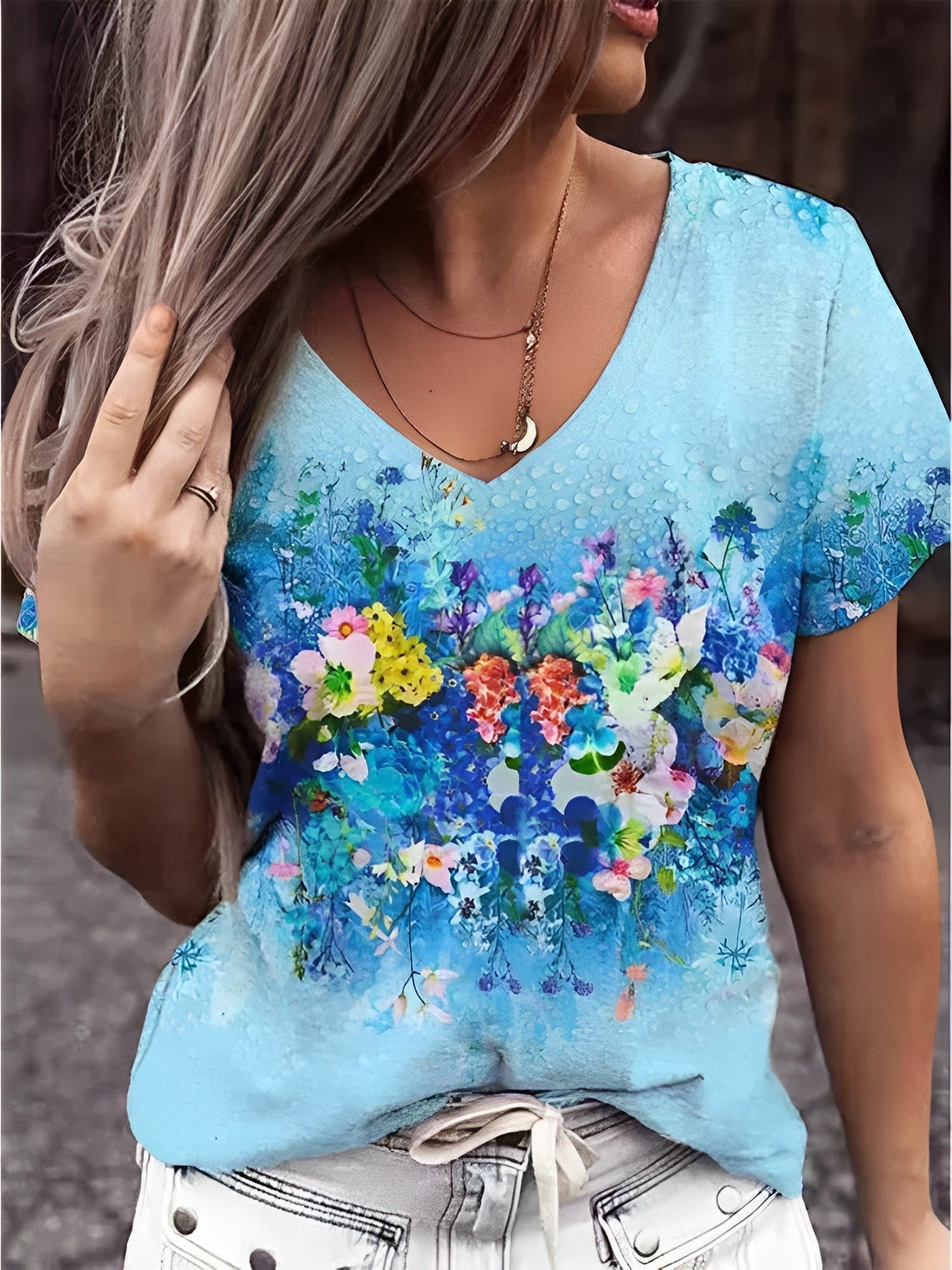 T-shirt à col en V Imprimé Floral pour Femmes - Marie Montel