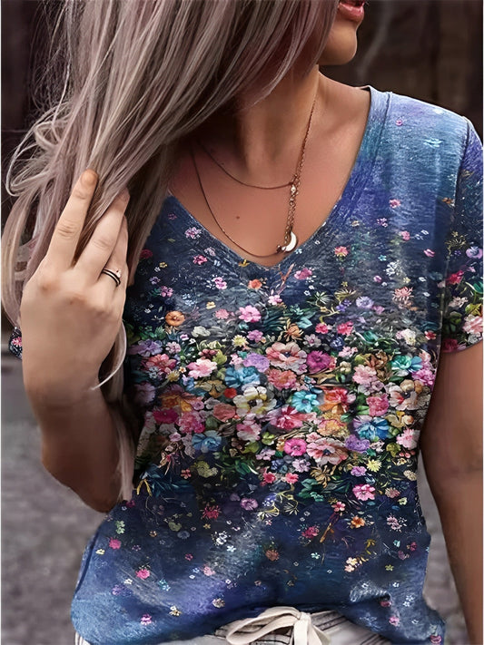 T-shirt à col en V Imprimé Floral pour Femmes - Marie Montel
