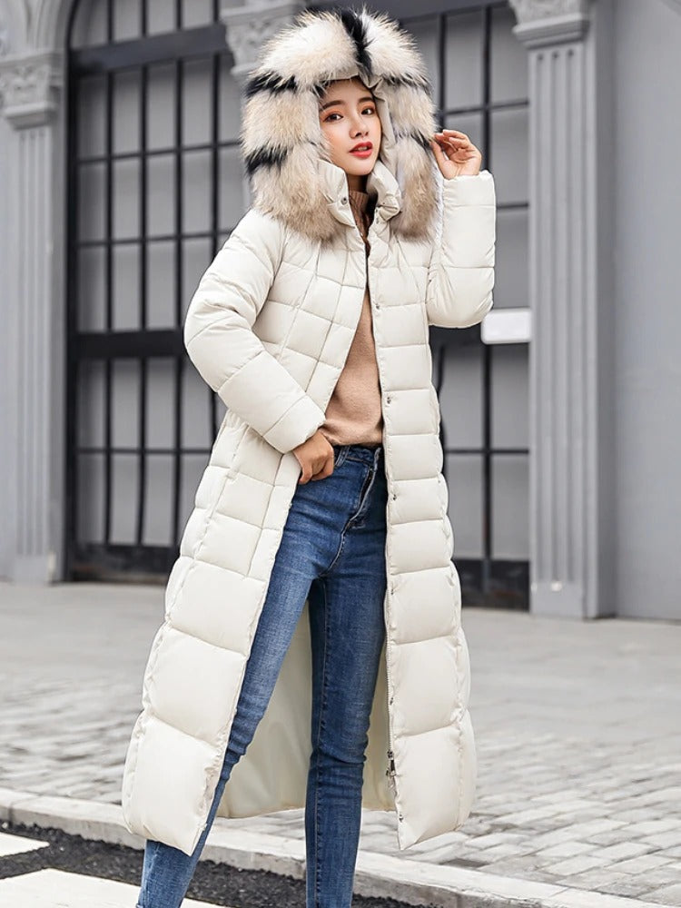 Manteau Long Élégant avec Col en Fausse Fourrure pour Femmes
